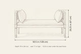 Paciano bench dimensions: 50.5 in wide, 26.25 in high to the arms, 18 in deep