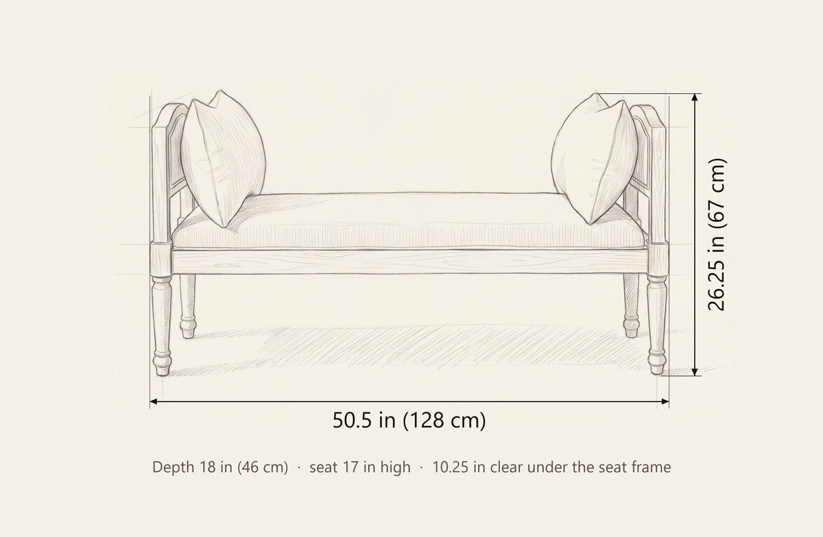 Paciano bench dimensions: 50.5 in wide, 26.25 in high to the arms, 18 in deep