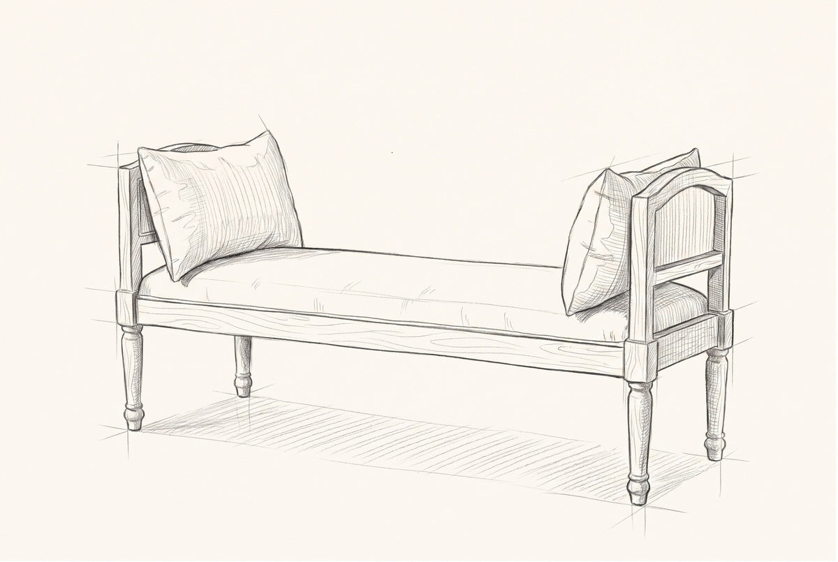 Pencil sketch of the Paciano bench, drawn from the same three-quarter view