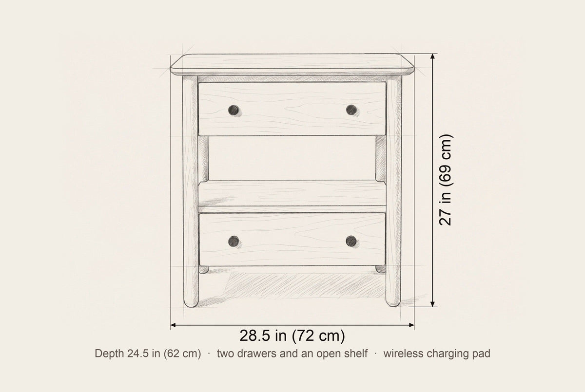 Palau nightstand dimensions: 28.5 in wide, 27 in high, 24.5 in deep