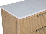 Close-up of the Palmanova 62-Inch Natural Wood and White Stone 6-Drawer Dresser: wire-brushed natural wood with an engineered stone top grain