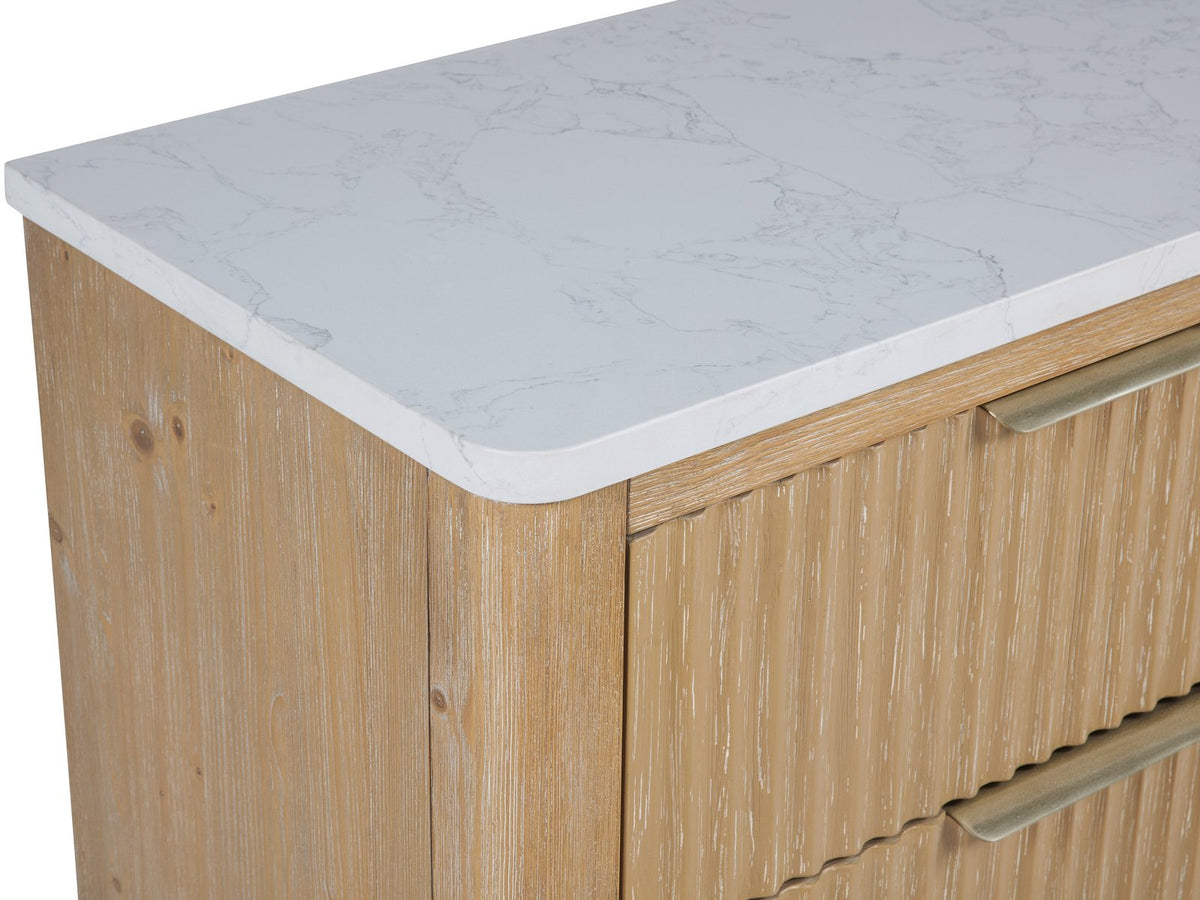 Close-up of the Palmanova 62-Inch Natural Wood and White Stone 6-Drawer Dresser: wire-brushed natural wood with an engineered stone top grain