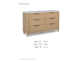 Palmanova 62-Inch Natural Wood and White Stone 6-Drawer Dresser dimensions: 62.0 in wide, 18.25 in deep, 38.0 in high