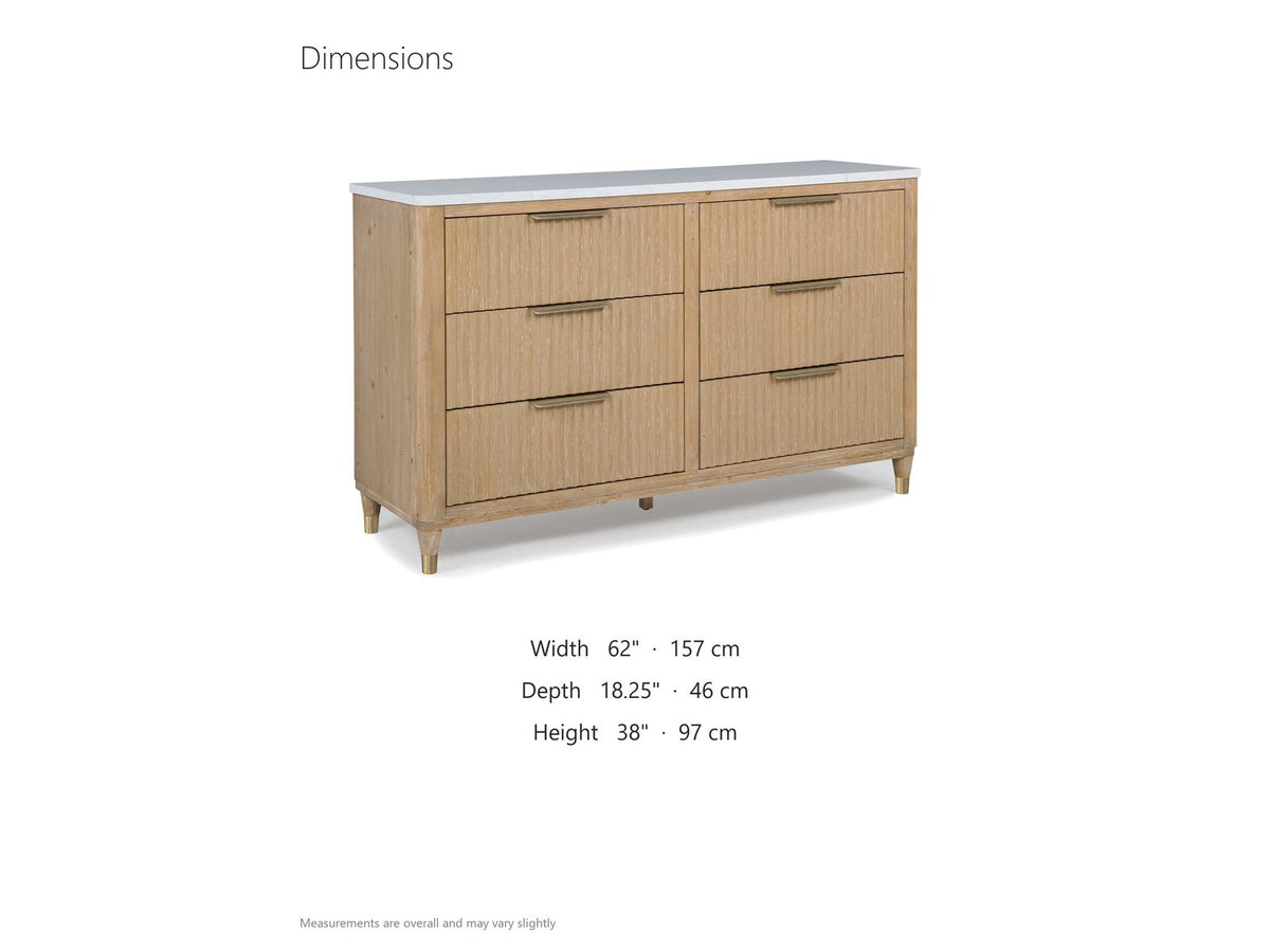 Palmanova 62-Inch Natural Wood and White Stone 6-Drawer Dresser dimensions: 62.0 in wide, 18.25 in deep, 38.0 in high