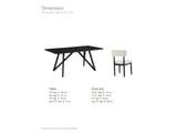 Palmi 70-Inch Black Oak Veneer Dining Set with 4 Boucle Chairs dimensions: table 70 in long, 36 in deep and 30 in high, top 0.75 in thick; each chair 20.25 in wide, 21.25 in deep and 33 in high, seat 19 in high