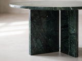 Close-up of the Panarea Verde Marble Nesting Coffee Tables, Set of 2: the two verde marble slabs set in a T under the side table's top