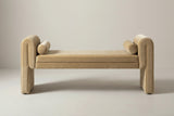 The Panicale bench in camel velvet, straight front view on a light studio backdrop