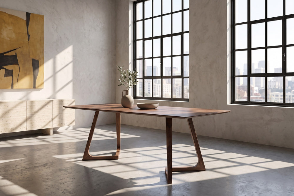 Papasidero 71-Inch Rectangular Solid Walnut Dining Table in a city loft