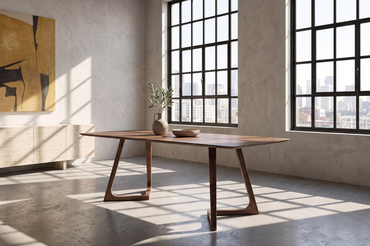 Papasidero 71-Inch Rectangular Solid Walnut Dining Table in a city loft