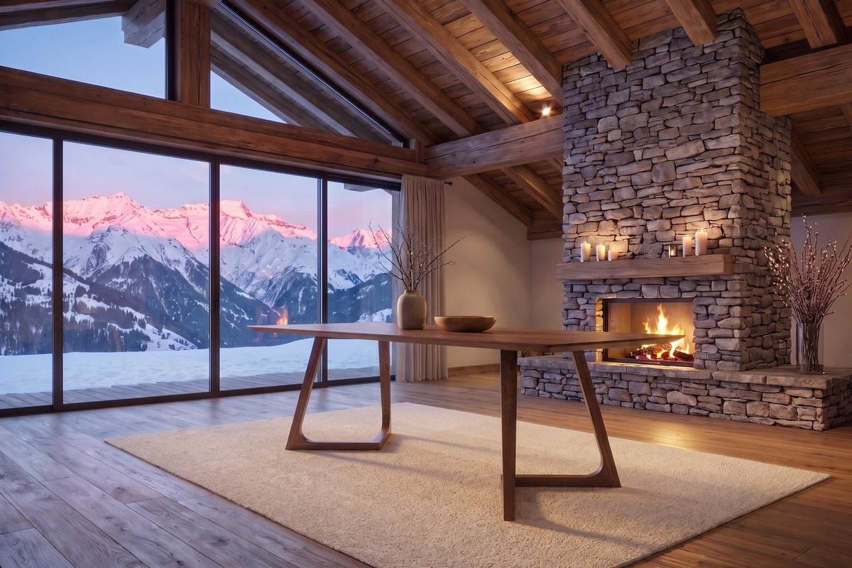 Papasidero 71-Inch Rectangular Solid Walnut Dining Table in an alpine chalet