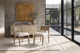Parghelia Arch-Back Upholstered Wood Dining Chair (Set of 2) in a sunlit villa dining room