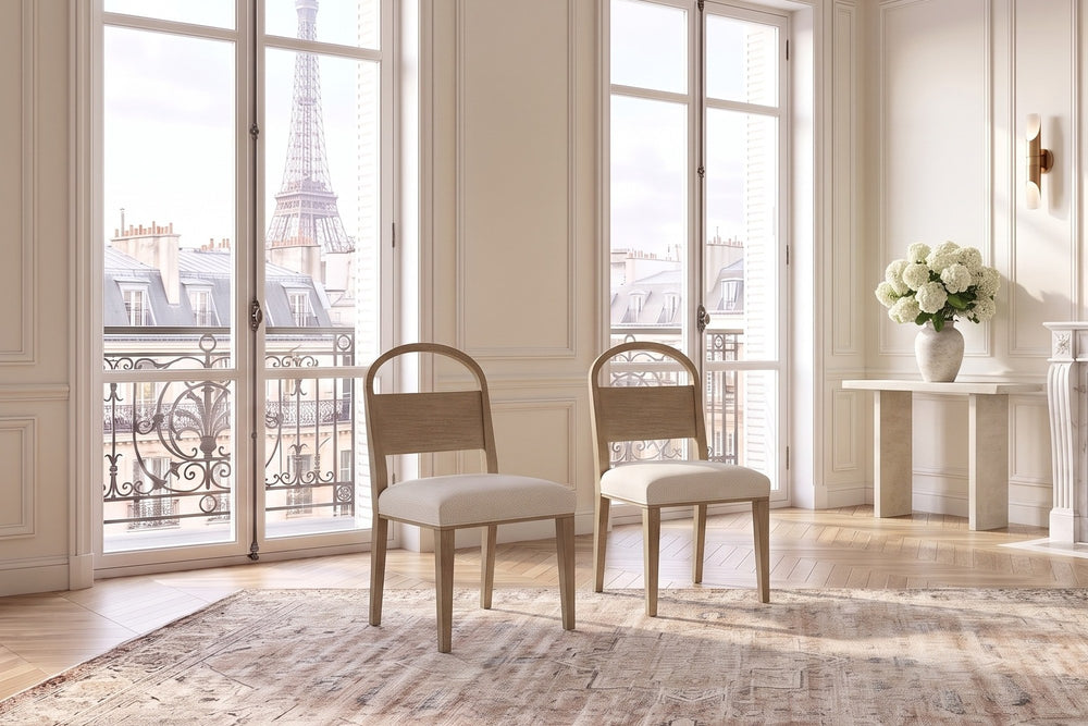 Parghelia Arch-Back Upholstered Wood Dining Chair (Set of 2) in a Paris salon