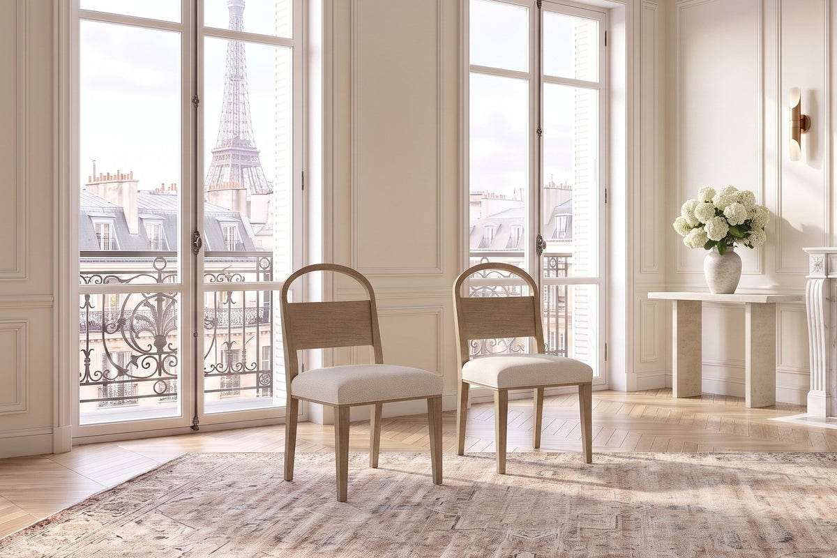 Parghelia Arch-Back Upholstered Wood Dining Chair (Set of 2) in a Paris salon