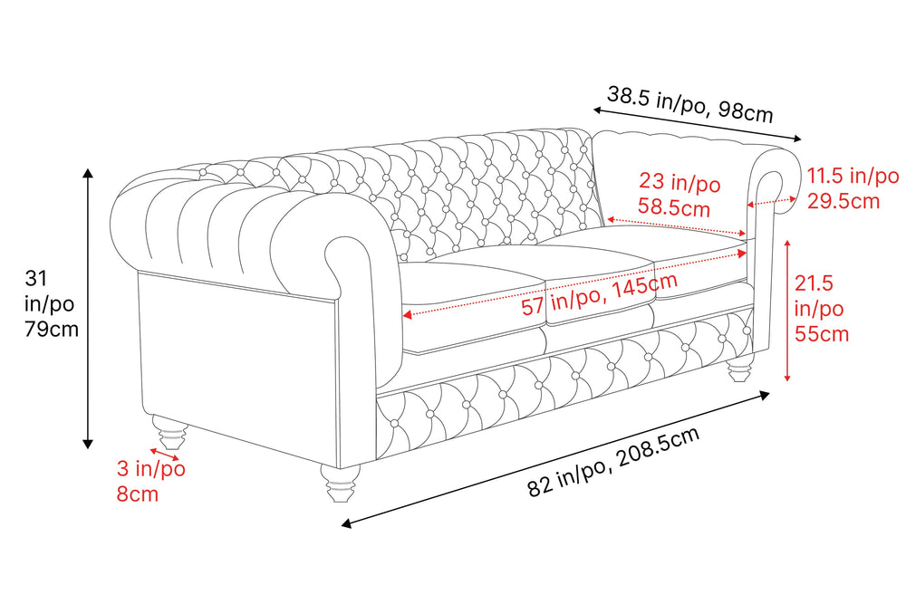 Valencia Parma 82" Full Aniline Leather Chesterfield Three Seats Sofa, Black