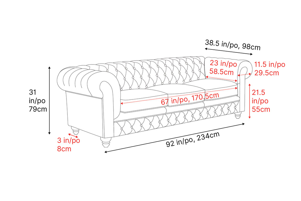 Valencia Parma 92" Full Aniline Leather Chesterfield Three Seats Sofa, Antique White Color