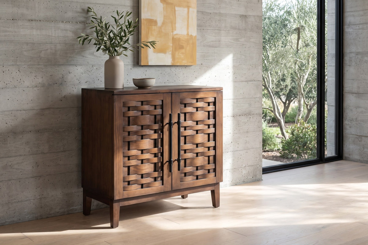 Pedace 35-Inch 2-Door Reclaimed Pine Woven-Front Cabinet in a sunlit villa dining room