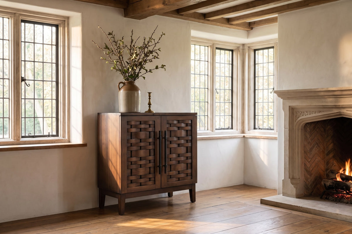 Pedace 35-Inch 2-Door Reclaimed Pine Woven-Front Cabinet in an English country dining room