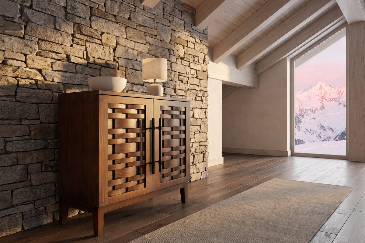 Pedace 35-Inch 2-Door Reclaimed Pine Woven-Front Cabinet in an alpine chalet