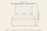 Penne bed dimensions: headboard width 62.4 in Queen and 56.5 in Full, 52 in high, length 86.2 in Queen and 81.1 in Full, side rails 10.6 in high