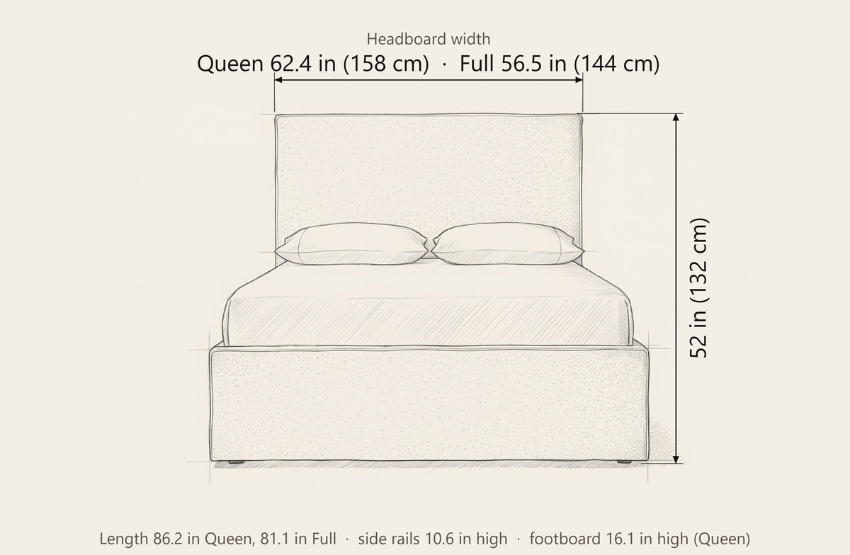 Penne bed dimensions: headboard width 62.4 in Queen and 56.5 in Full, 52 in high, length 86.2 in Queen and 81.1 in Full, side rails 10.6 in high
