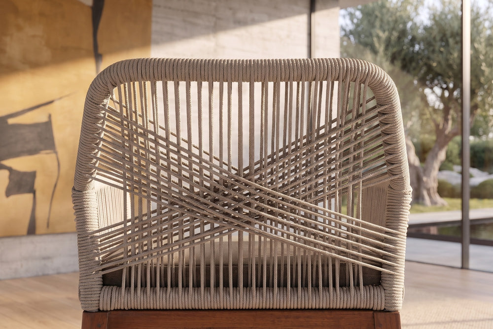 Close-up of the Pentone Woven Rope and Mahogany Dining Arm Chair: weave