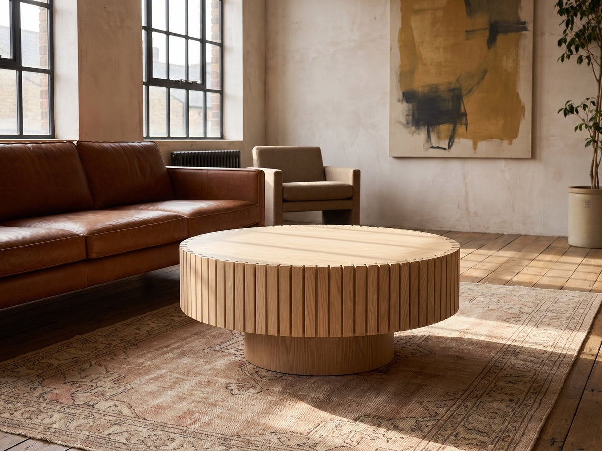 Pesaro Ash Veneer Fluted Pedestal Coffee Table on a vintage rug in front of a leather sofa in an industrial loft