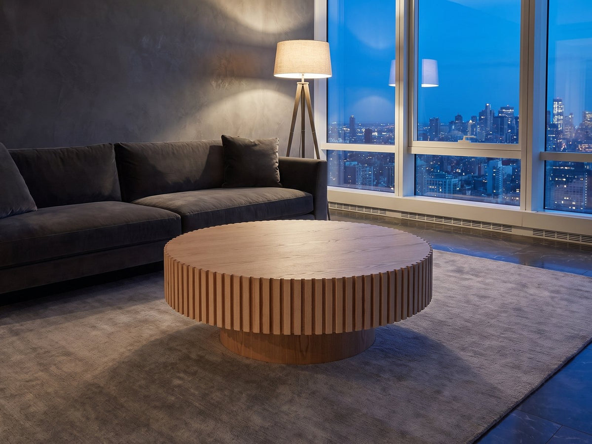 Pesaro Ash Veneer Fluted Pedestal Coffee Table on a wool rug in front of a velvet sofa in a city penthouse at blue hour