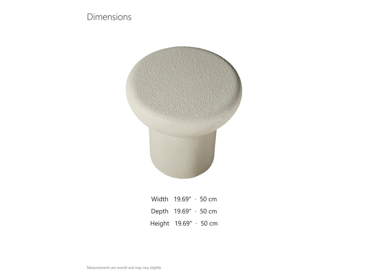 Pescocostanzo Cream Textured Fiberglass Mushroom Side Table dimensions: 19.69 in wide, 19.69 in deep, 19.69 in high