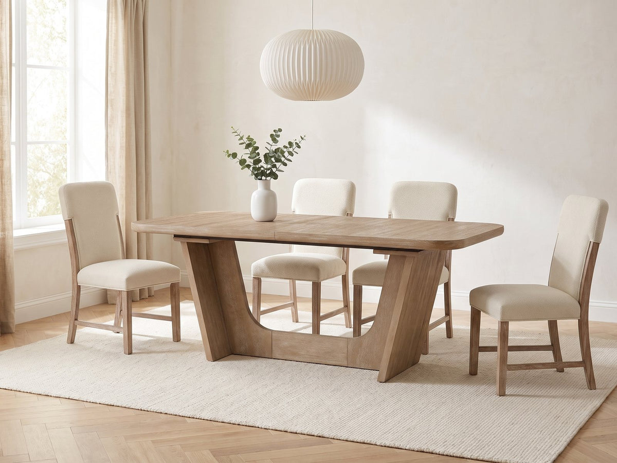 Picinisco 74-Inch Extendable Oak Veneer Dining Set with 4 Chairs in a bright plaster dining room with linen curtains