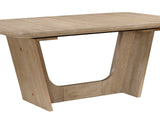 Close-up of the Picinisco 74-Inch Extendable Oak Veneer Dining Set with 4 Chairs: the U-shaped oak veneer base with its rounded cut-out and slanted end slab