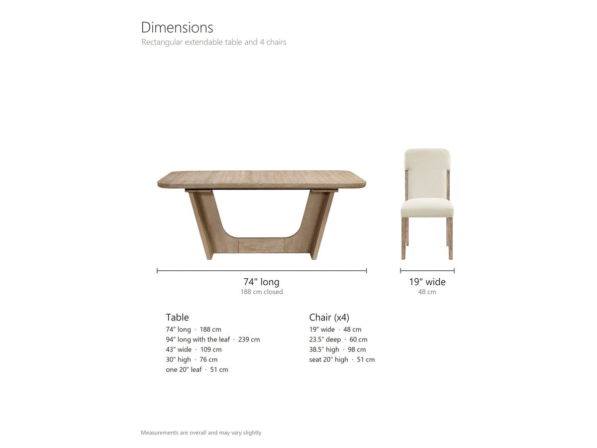 Picinisco 74-Inch Extendable Oak Veneer Dining Set with 4 Chairs dimensions: table 74 in long (94 in with the 20 in leaf), 43 in wide and 30 in high; each chair 19 in wide, 23.5 in deep and 38.5 in high, seat 20 in high