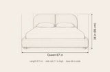Pietrabbondante bed dimensions, Queen shown: 67 in wide, 34 in high, 87.5 in long, side rails 11 in high; the King is 83 in wide and 88 in long