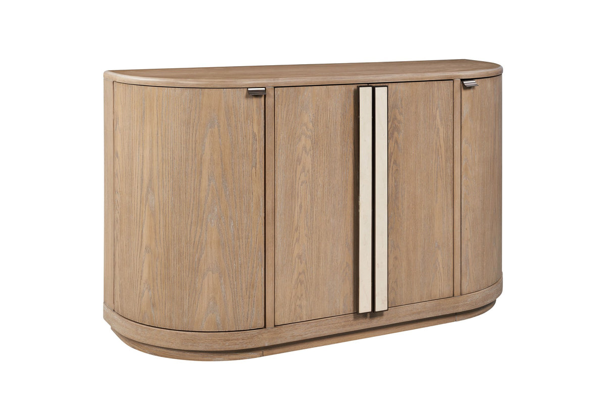 Pietrafitta 54-Inch 4-Door Rounded Oak Veneer Server with Stone Pulls on a white background