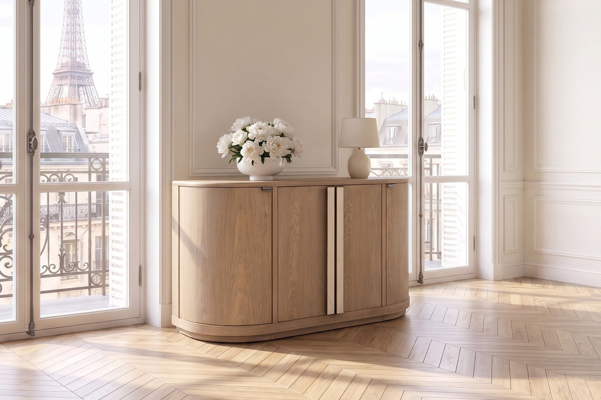 Pietrafitta 54-Inch 4-Door Rounded Oak Veneer Server with Stone Pulls in a Paris salon