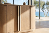 Close-up of the Pietrafitta 54-Inch 4-Door Rounded Oak Veneer Server with Stone Pulls: pulls
