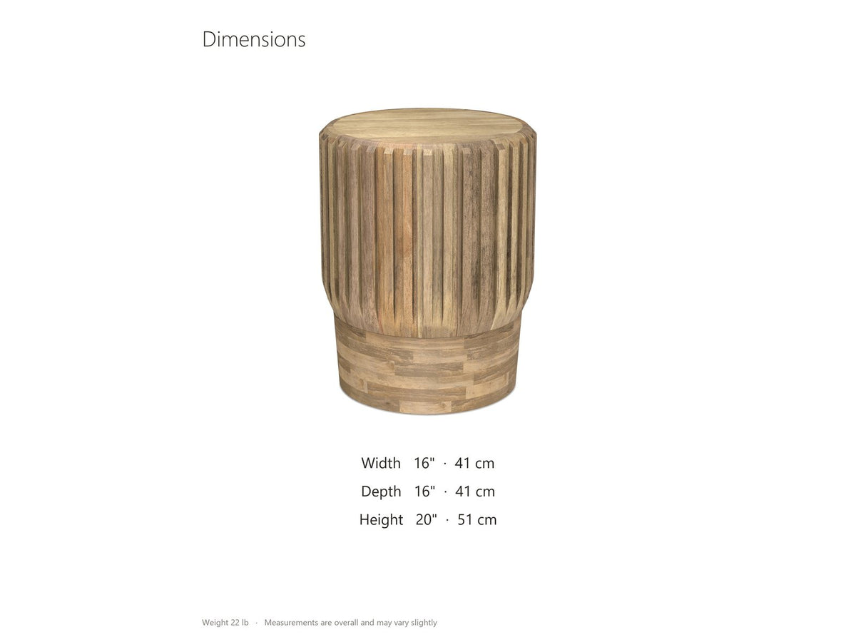 Pievepelago Natural Mango Fluted Drum Side Table dimensions: 16.0 in wide, 16.0 in deep, 20.0 in high