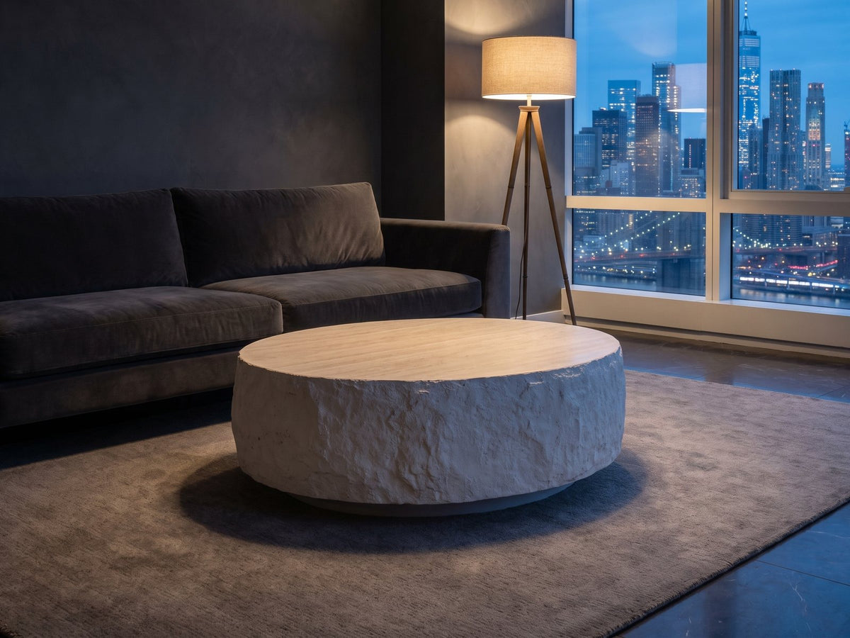 Piombino Faux Travertine Fiberglass Drum Coffee Table on a wool rug in front of a velvet sofa in a city penthouse at blue hour