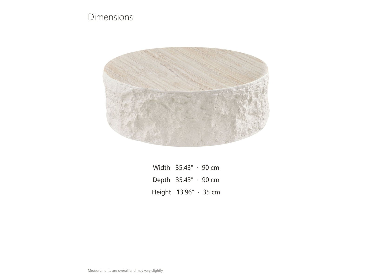 Piombino Faux Travertine Fiberglass Drum Coffee Table dimensions: 35.43 in wide, 35.43 in deep, 13.96 in high