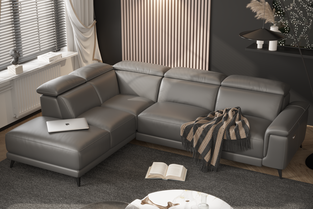 Gray leather sectional with recliners hot sale