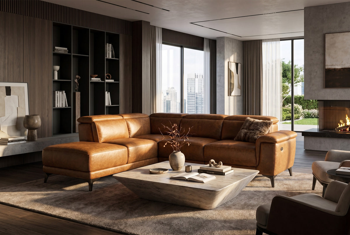 Valencia Pista Distressed Leather Reclining Chaise Sectional Sofa