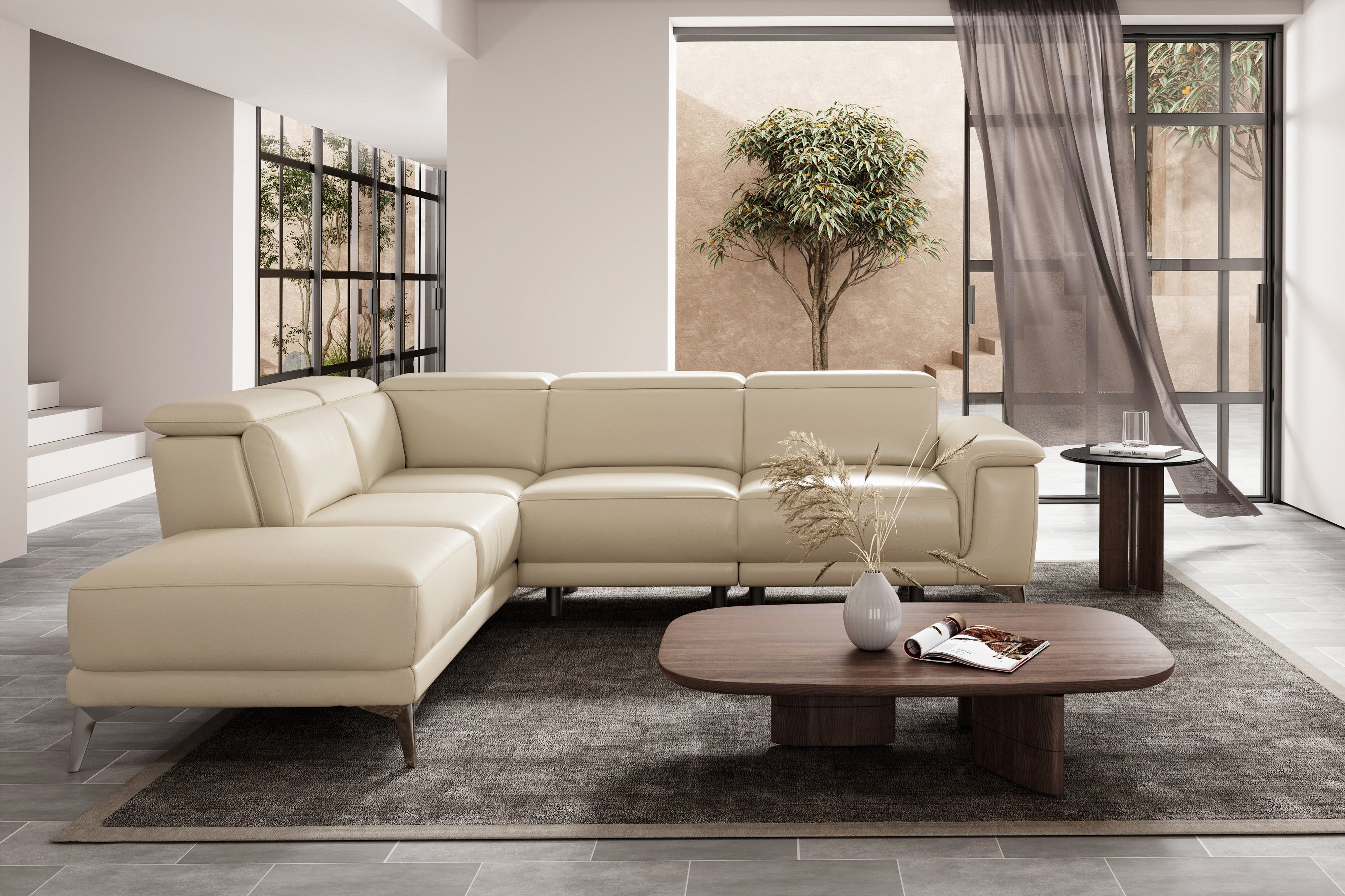 Beige leather sectional with recliner sale