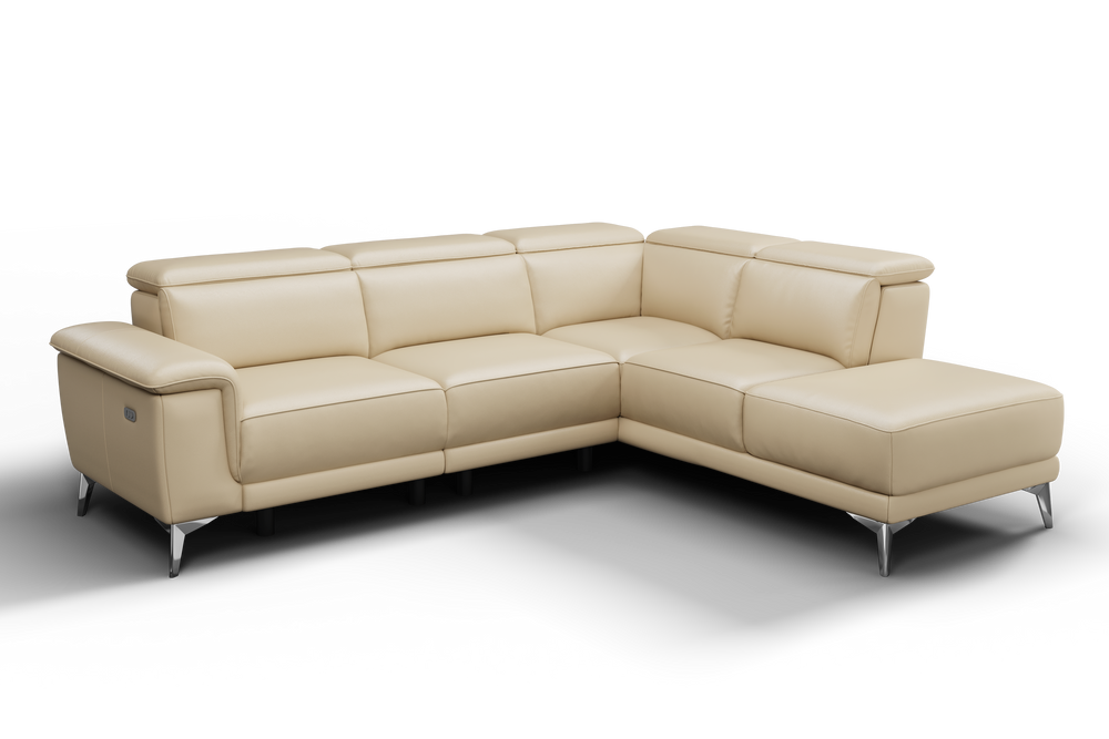 Valencia Pista Modern Top Grain Leather Reclining Sectional Sofa with Right-Hand Facing Chaise, Beige