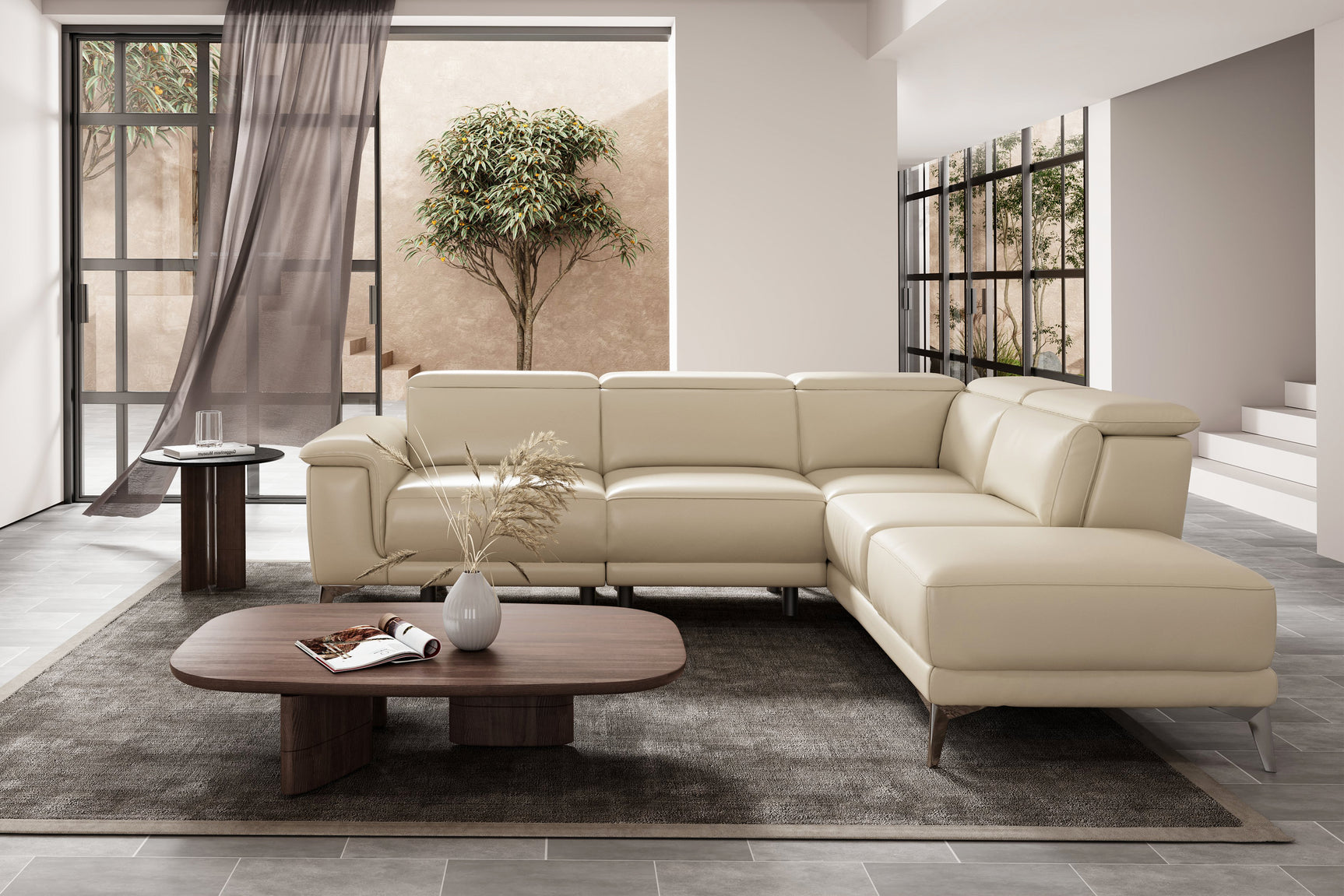 Valencia Pista Modern Top Grain Leather Reclining Sectional Sofa with Right-Hand Facing Chaise, Beige Scene diagram