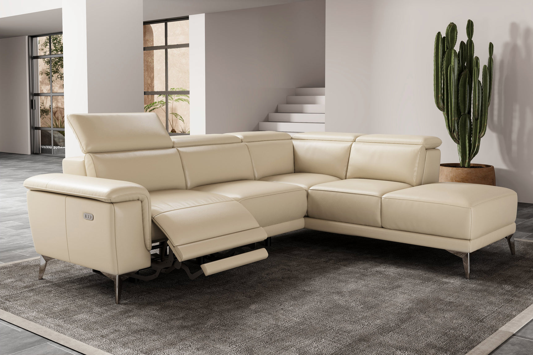 Valencia Pista Modern Top Grain Leather Reclining Sectional Sofa with Right-Hand Facing Chaise, Beige Scene diagram