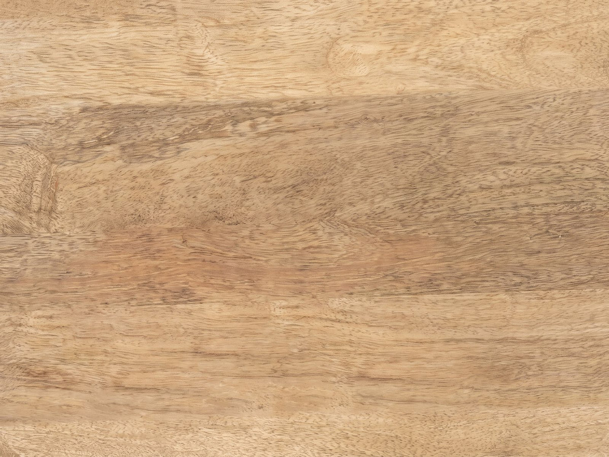 Close-up of the Pisticci Solid Mango Fluted Drum Side Table: the natural mango grain of the round top