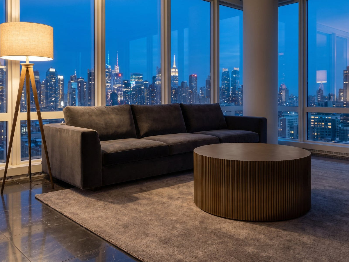 Pitigliano Brass-Finish Fluted Drum Coffee Table seen from the side, on a wool rug in front of a velvet sofa in a city penthouse at blue hour