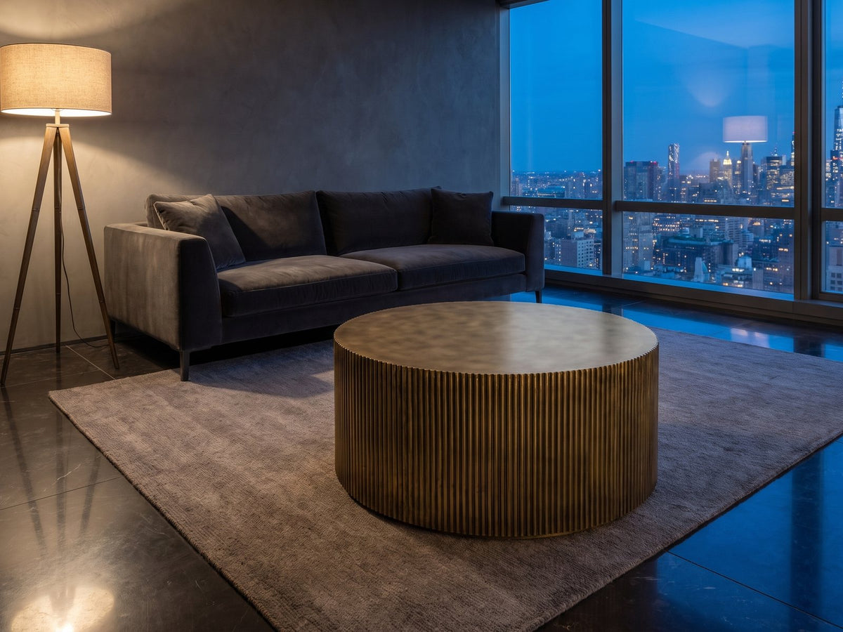 Pitigliano Brass-Finish Fluted Drum Coffee Table on a wool rug in front of a velvet sofa in a city penthouse at blue hour