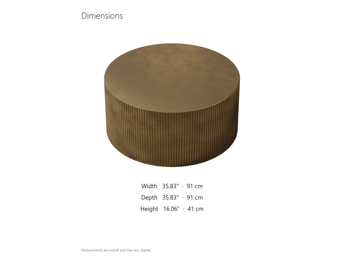 Pitigliano Brass-Finish Fluted Drum Coffee Table dimensions: 35.83 in wide, 35.83 in deep, 16.06 in high
