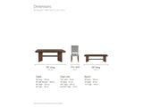 Pizzo dining set dimensions: rectangular table 76 in long (94 in with its 18 in self-storing leaf), 40 in wide and 30 in high, 26.5 in from the apron to the floor; bench 59 in long, 16 in deep and 17.5 in high; each side chair 19.5 in wide, 24 in deep and 39.5 in high, seat 20.5 in high