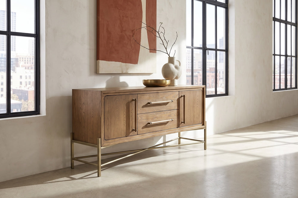 Pizzoni 72-Inch 2-Door 2-Drawer Elm Veneer Sideboard with Metal Base in a city loft